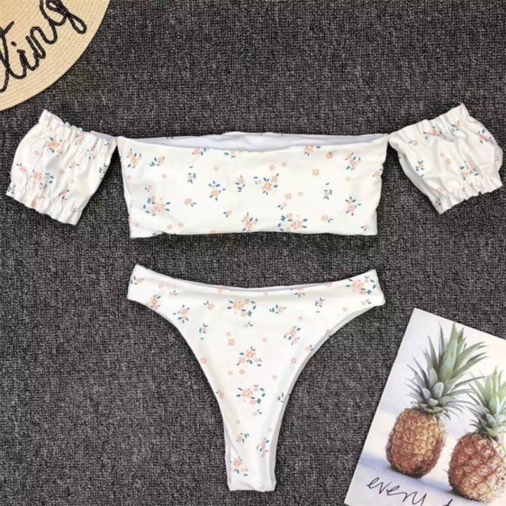 Ivory Boho Off Shoulder Bandeau High Waist Bikini Swimsuit - Picture 7 of 7